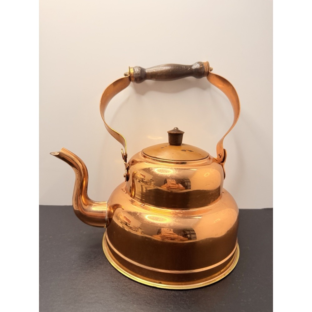 Vintage Copper Tea Kettle Stovetop Teapot Wood Handle Gooseneck Spout Farmhouse
